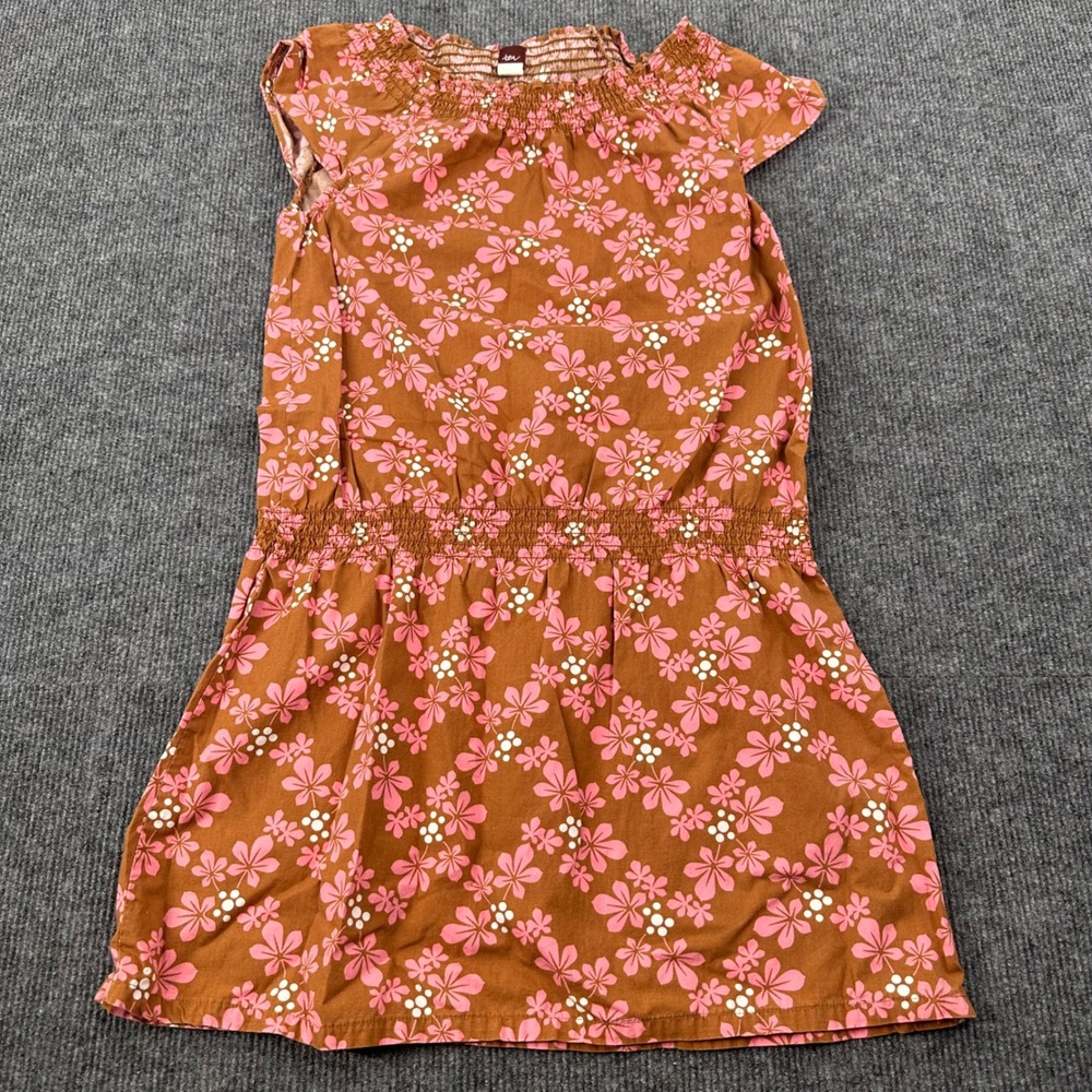 Tea Collection Dress Girls Size 8 Smocked Floral Brown Pink Modern School